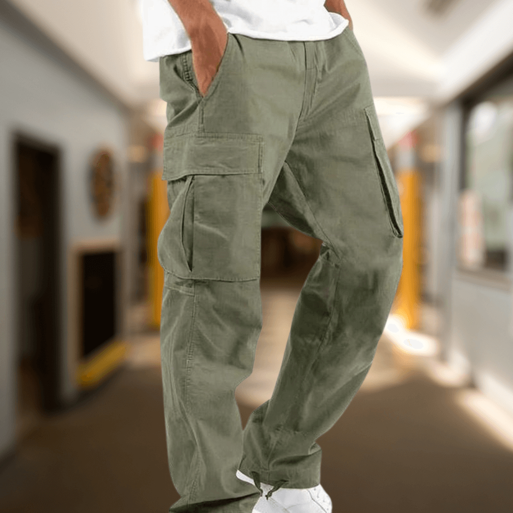 Grey men's relaxed fit cargo trousers, providing ultimate comfort for daily casual activities.