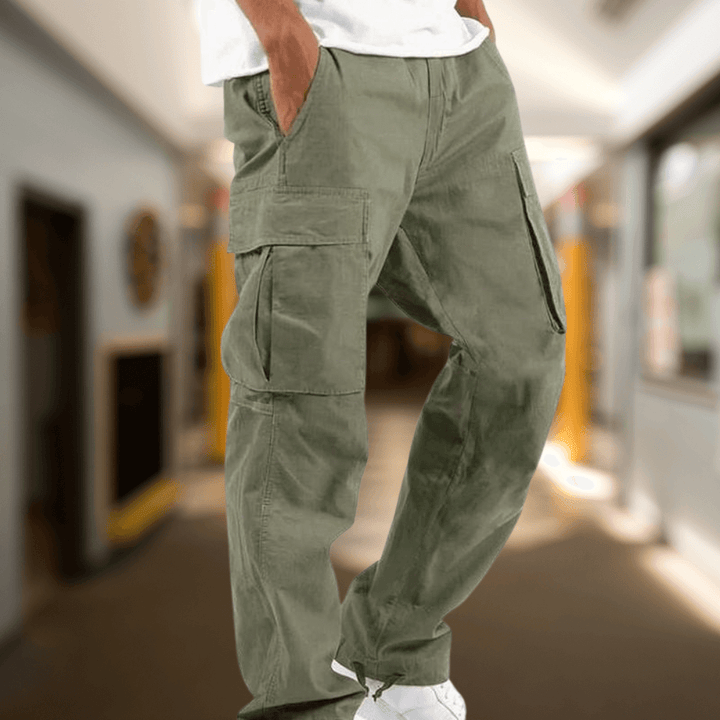 Grey men's relaxed fit cargo trousers, providing ultimate comfort for daily casual activities.