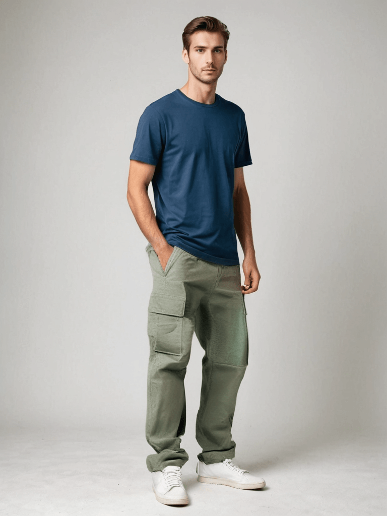 Military green men's relaxed fit cargo trousers, blending utility style with comfortable everyday wear.