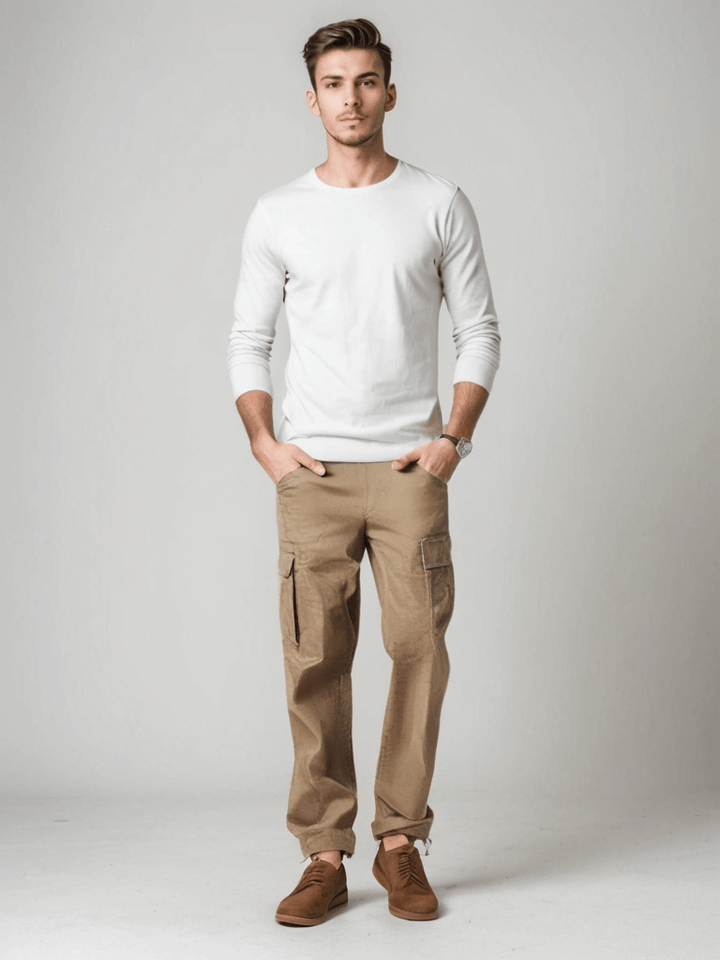 Men's straight leg cargo trousers with a relaxed fit, designed for comfortable, stylish casual wear.