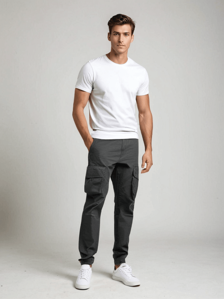 Fashionable men's relaxed fit cargo trousers, combining straight leg style with ultimate everyday comfort.