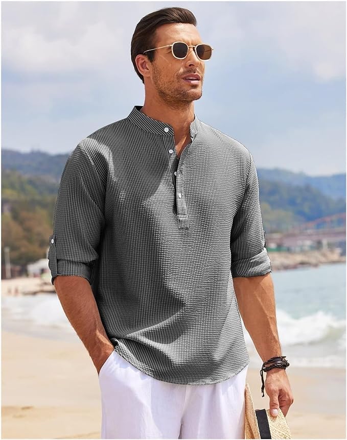 Men's relaxed fit casual shirt with a stylish band collar, long sleeves, and a versatile design for everyday wear.