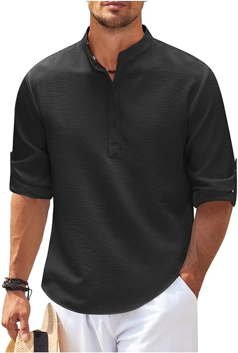 Menswear long sleeve casual shirt with a comfortable relaxed fit & unique band collar for effortless style.