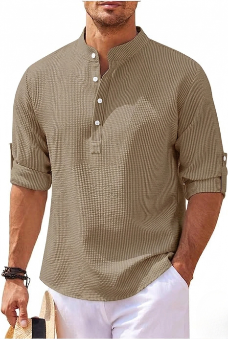 Comfortable men's relaxed fit casual shirt, long sleeve, band collar, offering effortless everyday style.