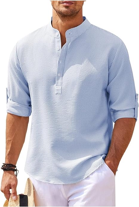Men's stylish long sleeve casual shirt in a relaxed fit with a band collar, suitable for versatile menswear.