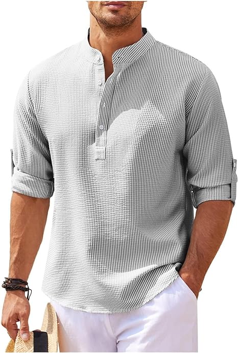 Effortless men's casual shirt, relaxed fit, long sleeve, band collar, a versatile button-down for everyday fashion.
