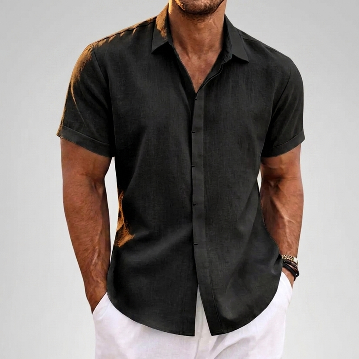Stylish men's casual short sleeve shirt with a loose fit, ideal for summer, beach vacations & relaxed wear.
