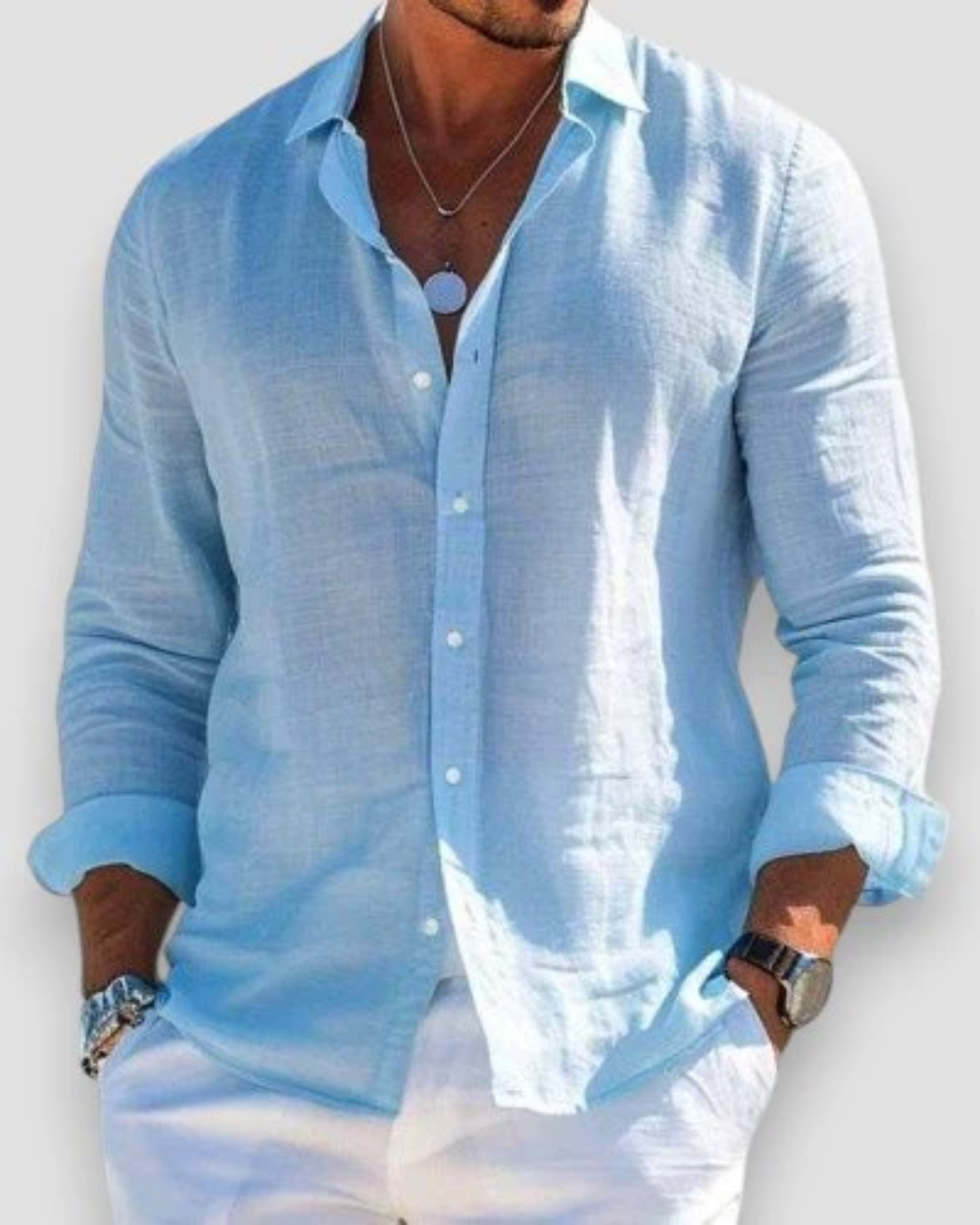 Man in a relaxed fit casual short-sleeve summer shirt, comfortable & stylish for warm weather. Men's apparel essential.