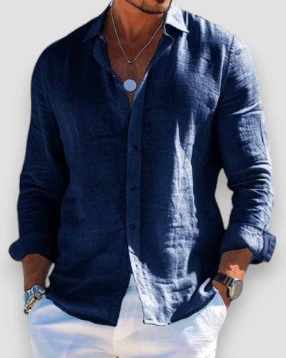Detail of men's relaxed fit casual summer shirt, short sleeve. Showcasing relaxed fit & warm weather comfort.
