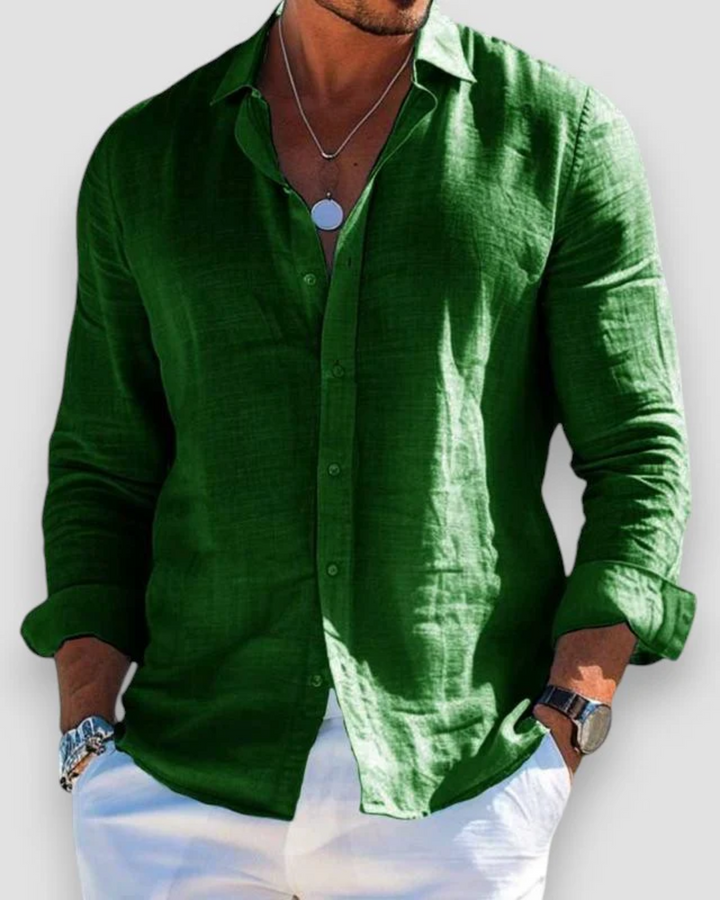 Back view of men's relaxed fit casual summer shirt, short sleeve. Emphasizing comfortable everyday wear & versatility.