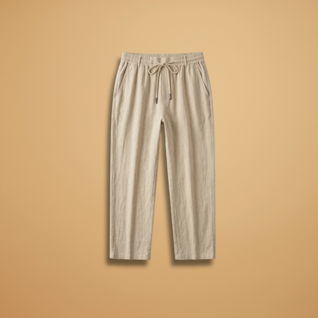 Men's relaxed fit casual trousers with adjustable drawstring waist in khaki.