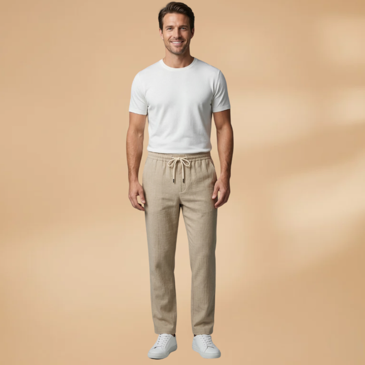 Close-up of the adjustable drawstring waist on men's casual trousers.