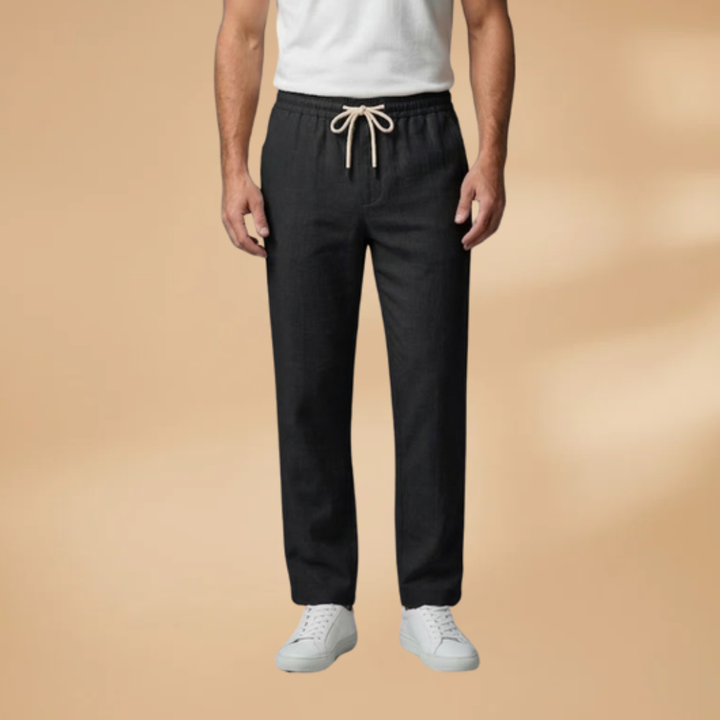 Front view of men's black trousers, perfect for casual outings.