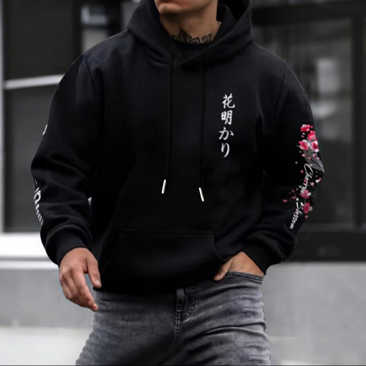 Front view of a men's casual hooded pullover, highlighting its relaxed fit & versatility.