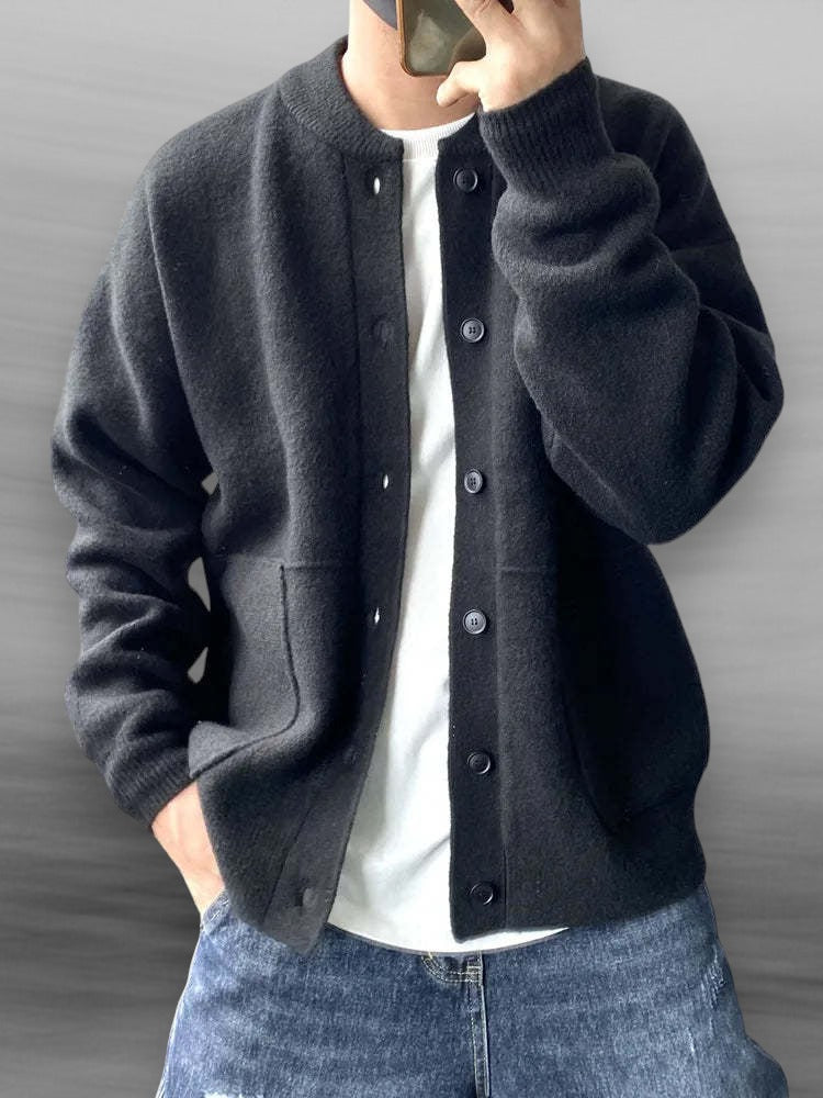 Men's relaxed fit crew neck button-front cardigan sweater in classic knitwear style.