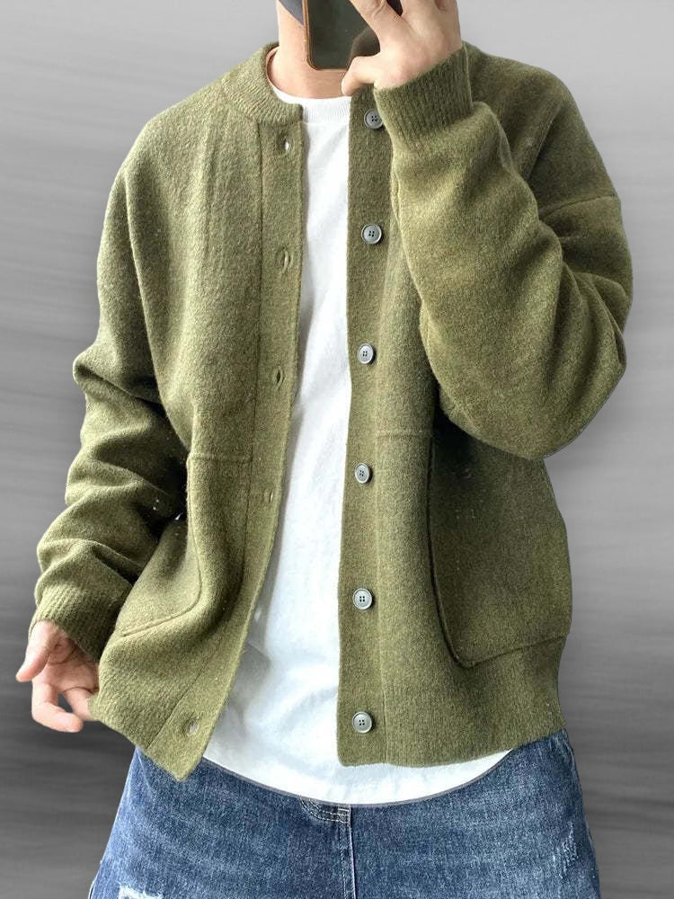 Smart casual mens knitwear: relaxed fit button-front cardigan sweater for winter.