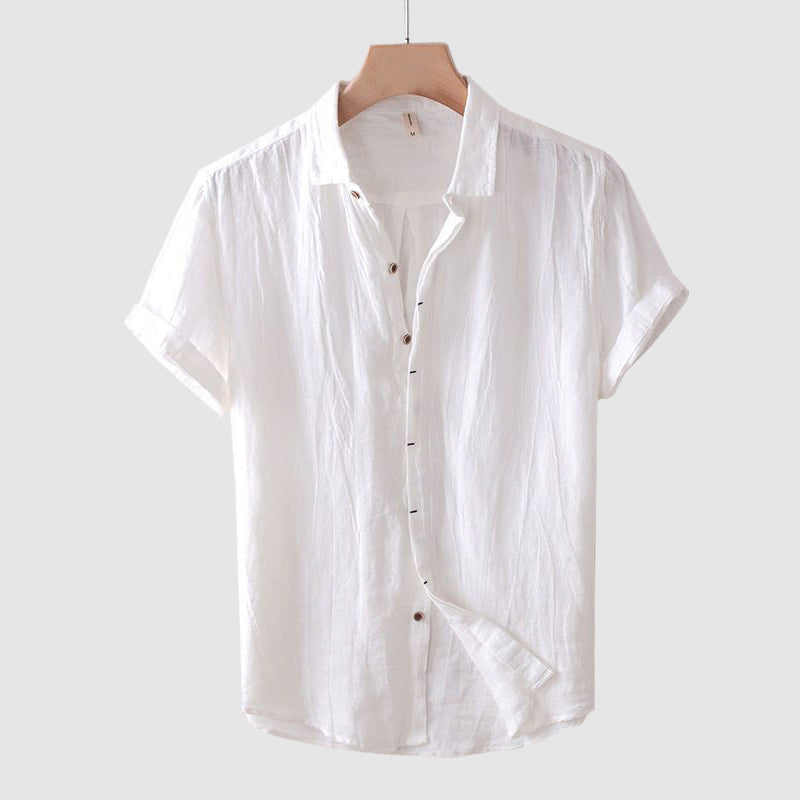 Lightweight men's crinkle short sleeve button-up shirt, relaxed fit, ideal for casual warm weather.