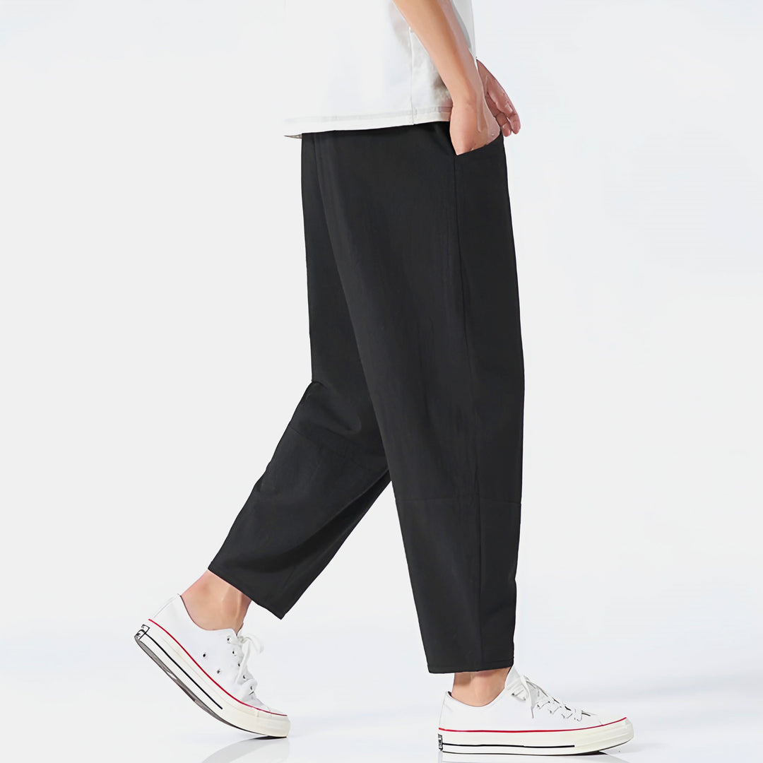 Cropped hem detail of men's relaxed fit chinos, a key feature for stylish summer fashion and comfort.