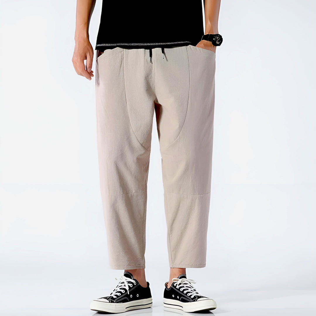 Side pocket detail of men's relaxed fit cropped chinos, combining practical design with stylish casual wear.