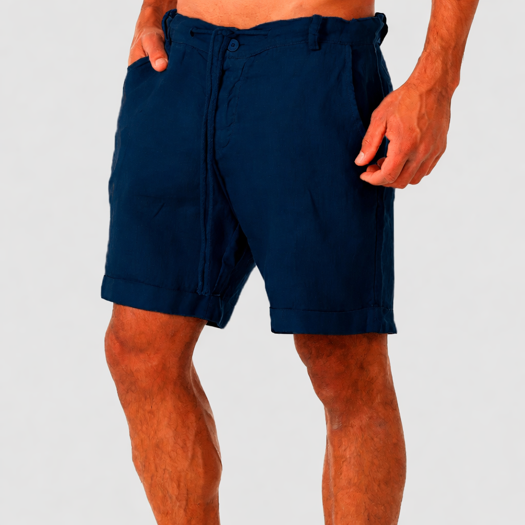 Close-up of the fabric texture on mens relaxed fit drawstring shorts, highlighting comfort for summer casual wear.