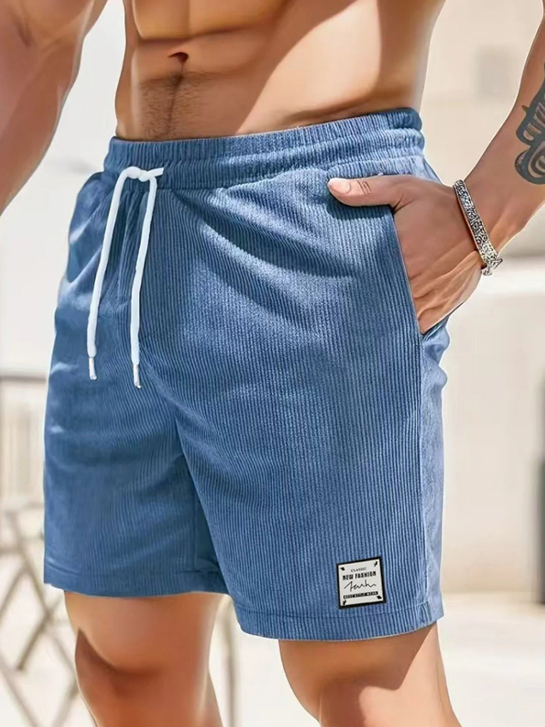 Men's relaxed fit drawstring shorts in blue, perfect for summer comfort & casual everyday wear.