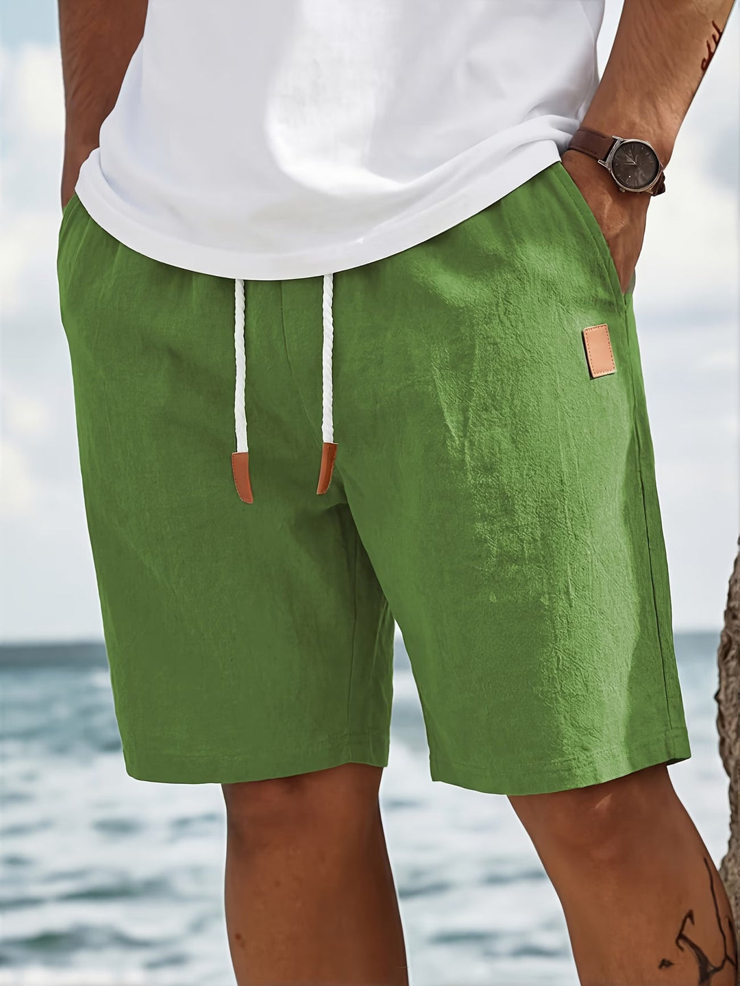 Versatile men's drawstring shorts with a relaxed fit. Perfect for summer, beach, vacation, or warm weather casual outfits.