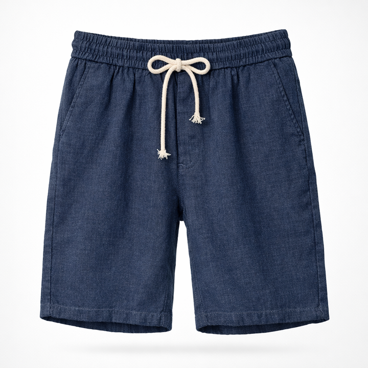 Close-up of men's relaxed fit drawstring summer shorts, highlighting soft fabric & adjustable waistband for comfort.
