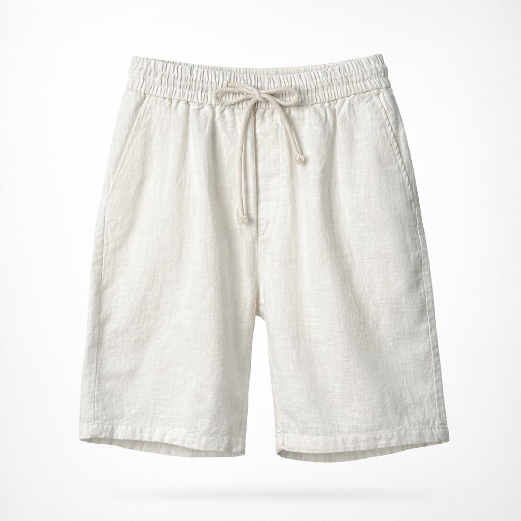 Man in comfortable men's relaxed fit drawstring summer shorts, ideal for a casual, stylish warm-weather look.