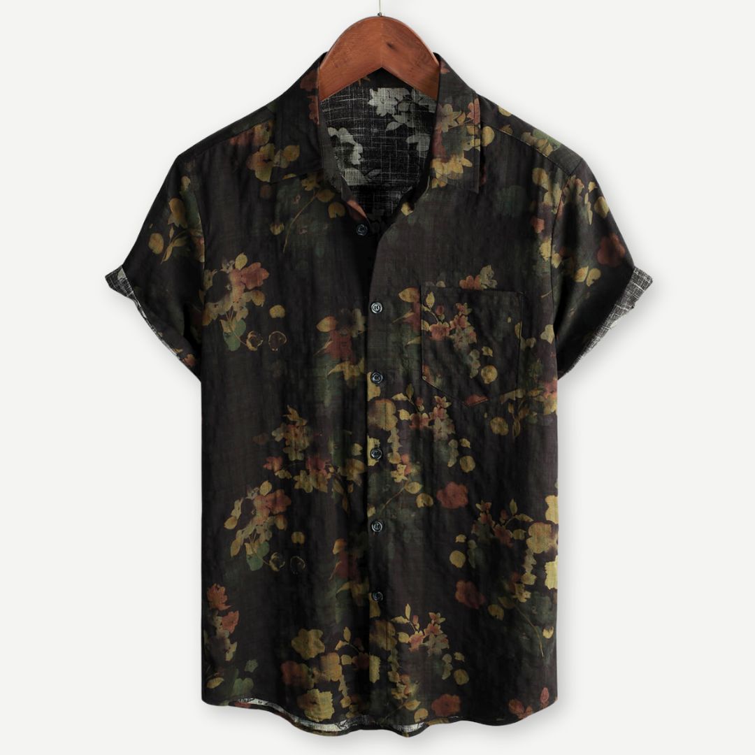 Men's relaxed fit floral short-sleeve shirt. Vibrant green print, perfect for summer casual wear & vacations.