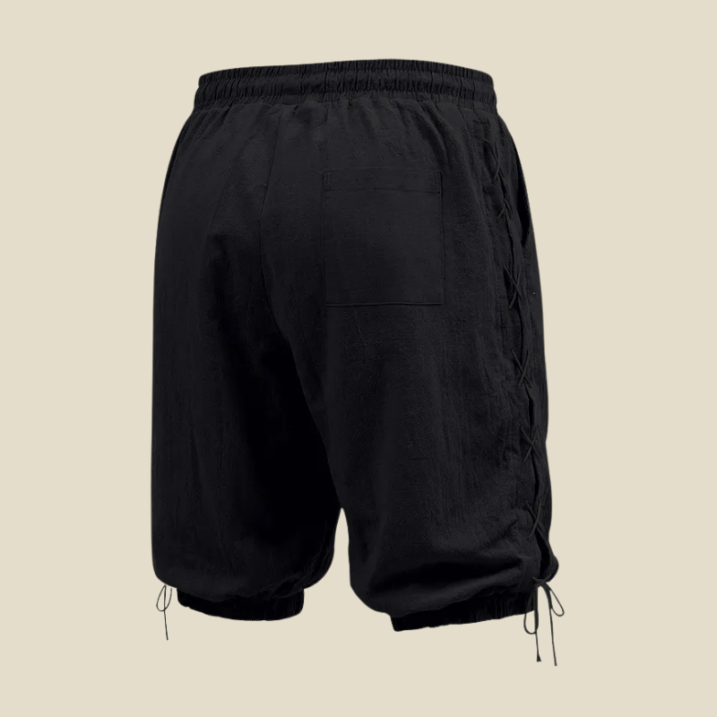 Comfortable men's relaxed fit shorts with practical drawstring waist and distinctive lace-up side design.