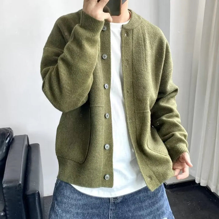 Men's relaxed fit knit cardigan with button-up front, perfect for casual layering and comfort.