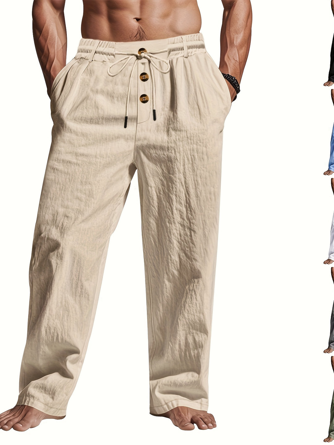 Men's casual wear: drawstring waist linen trousers in a versatile straight leg silhouette.