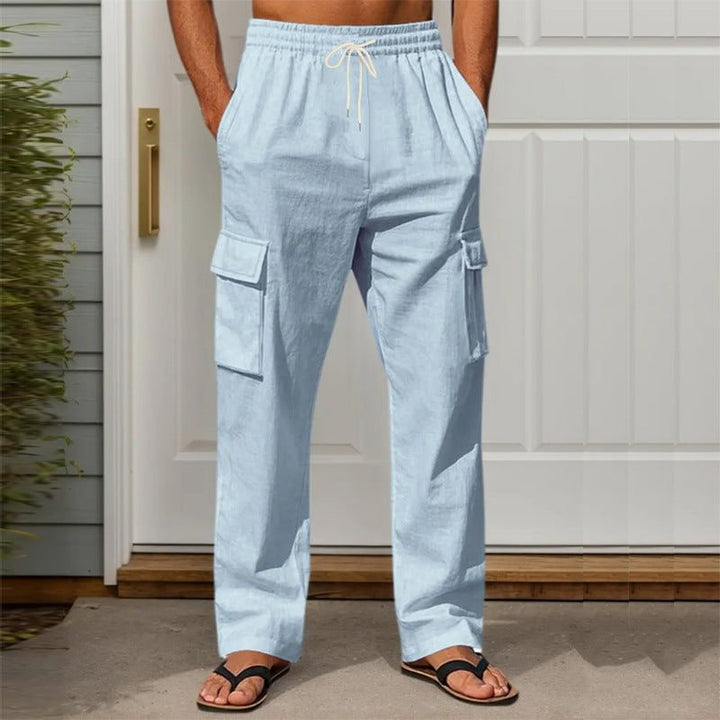 Men's relaxed fit linen cargo trousers with straight leg. Perfect breathable summer casual pants.