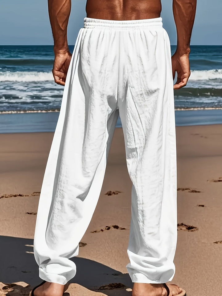 Versatile men's travel pants made from a soft cotton blend linen fabric