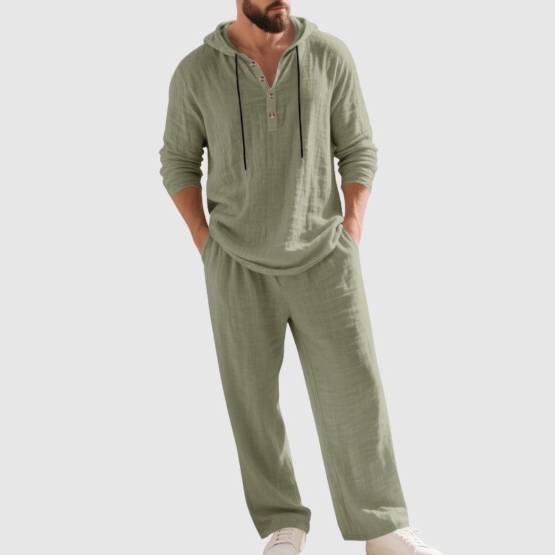 Men's relaxed fit linen hooded set in natural tone, perfect for summer loungewear or a casual beach holiday.