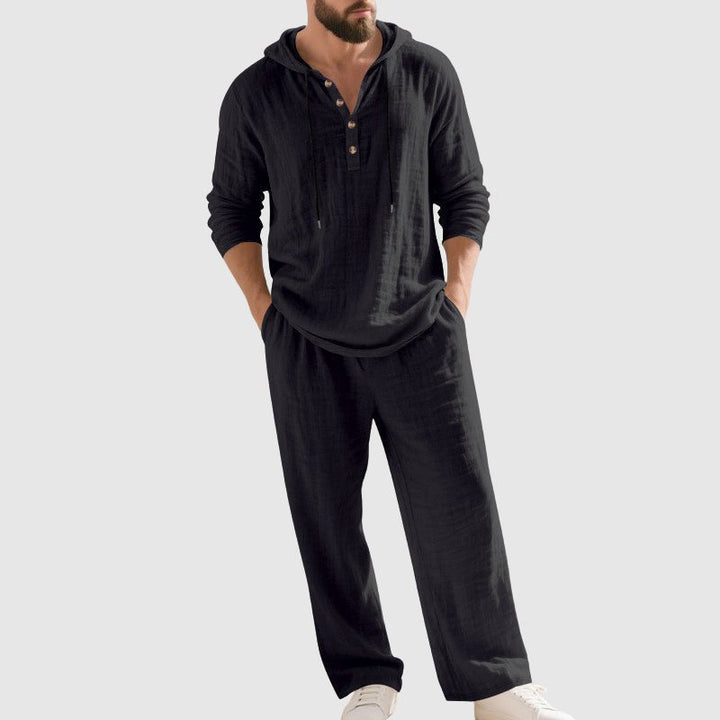 Close-up of men's comfortable linen hooded set, highlighting breathable fabric and drawstring details.