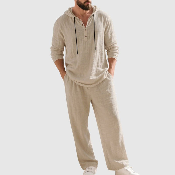 Back view of men's two-piece linen hooded set with relaxed fit drawstring pants, great for summer loungewear.