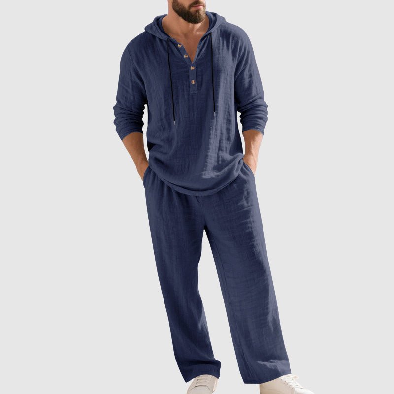 Effortless style: Men's two-piece linen hooded set, perfect for a comfortable summer outfit, holiday, or loungewear.