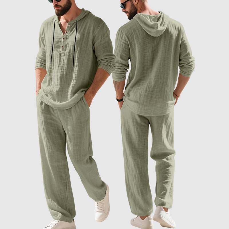 Men's comfortable relaxed-fit linen hooded set, a versatile two-piece for casual wear, summer, and relaxed days.