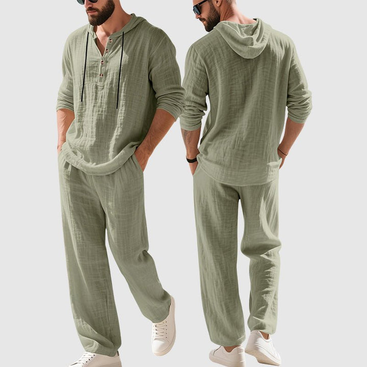 Men's comfortable relaxed-fit linen hooded set, a versatile two-piece for casual wear, summer, and relaxed days.