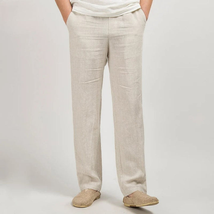 Men's relaxed fit linen trousers, straight leg, lightweight, perfect for casual summer wear.