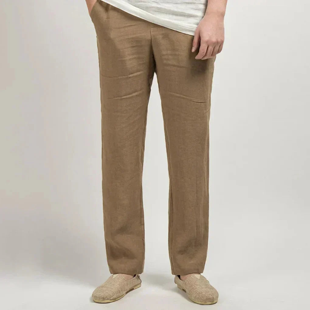 Comfortable men's linen pants, relaxed fit, lightweight & breathable for warm weather, versatile style.
