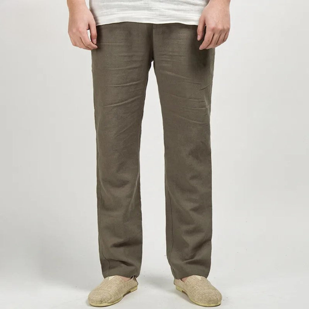 Versatile men's straight leg linen trousers, relaxed fit, ideal for casual or smart-casual summer outfits.