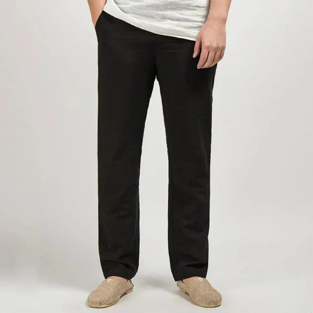 Mid-rise men's relaxed fit linen trousers with straight leg, lightweight for ultimate comfort & casual style.