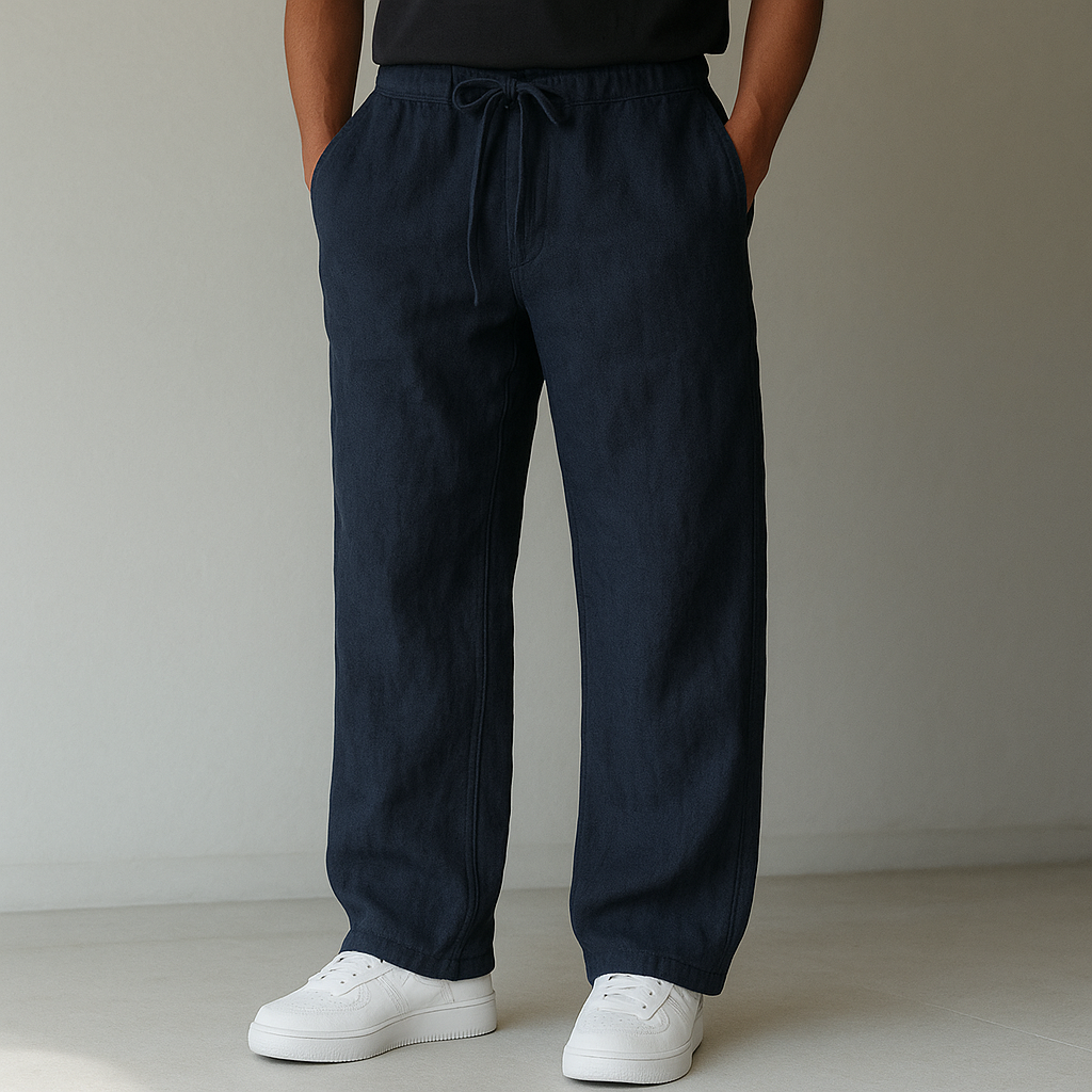 Men's relaxed fit linen trousers with adjustable drawstring waist for summer comfort.