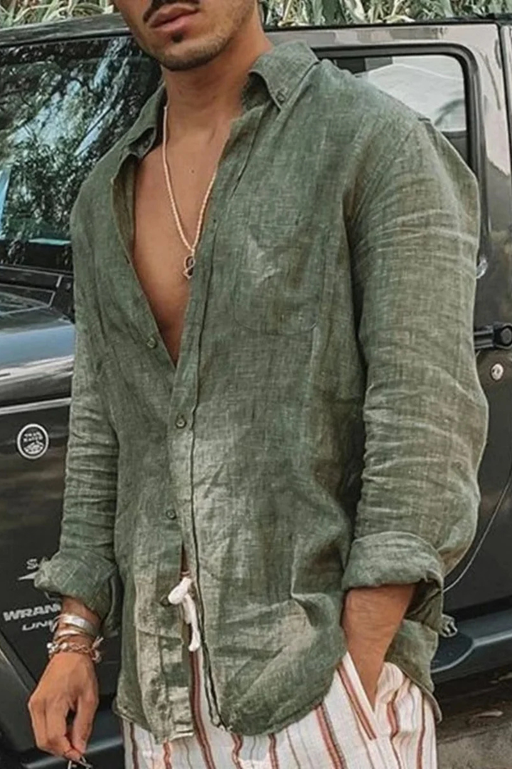 Men's relaxed fit long sleeve button-down shirt with roll-up sleeves for versatile casual and smart casual style.