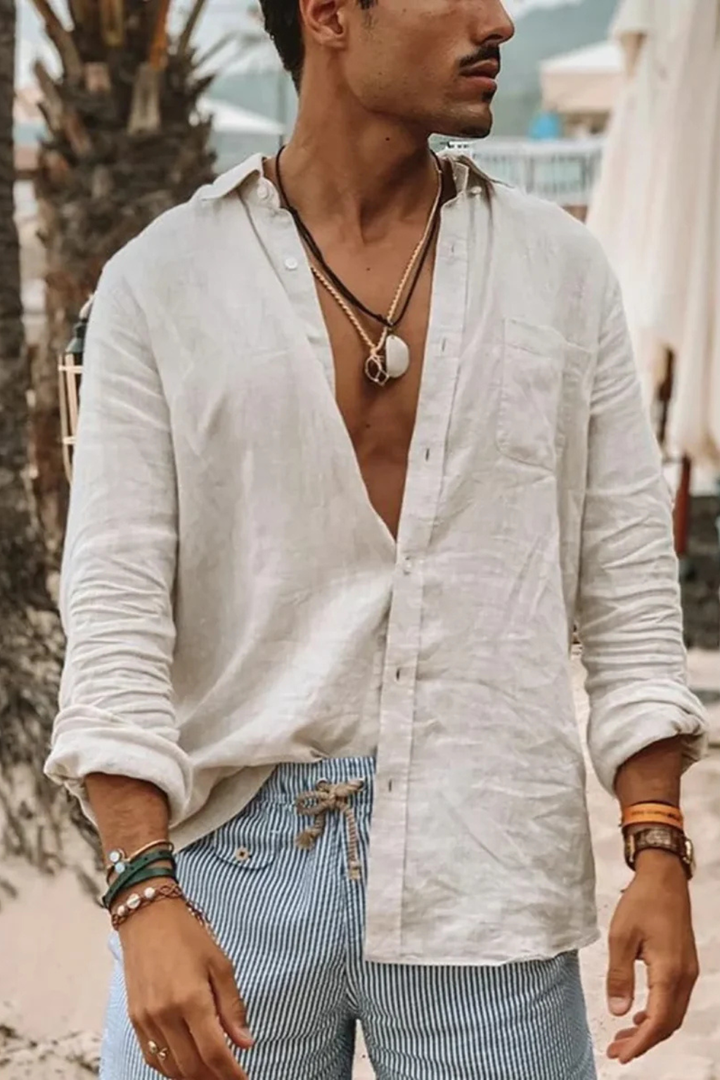 Versatile men's long sleeve button-down shirt with a relaxed fit, great for everyday casual & smart casual outfits.