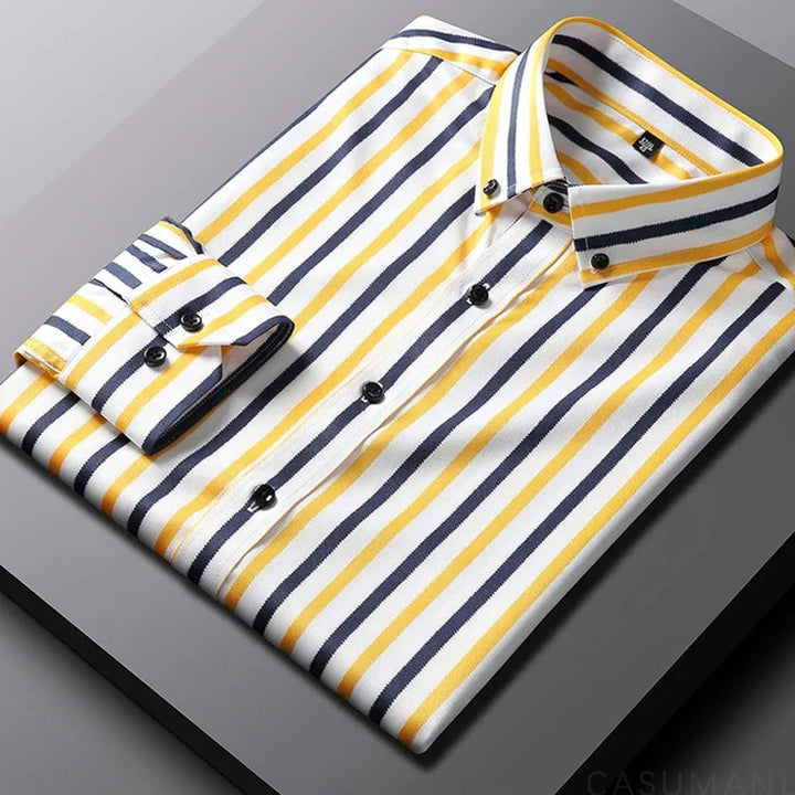 Men's relaxed fit long sleeve striped button-down shirt. Comfortable casual menswear for everyday wear.