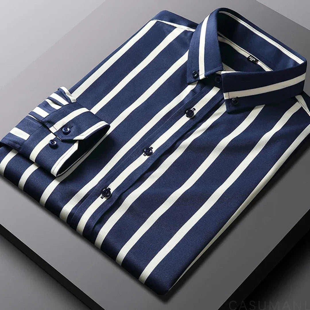 Comfortable men's long sleeve striped button-down shirt. Relaxed fit menswear, ideal for casual and smart-casual outfits.