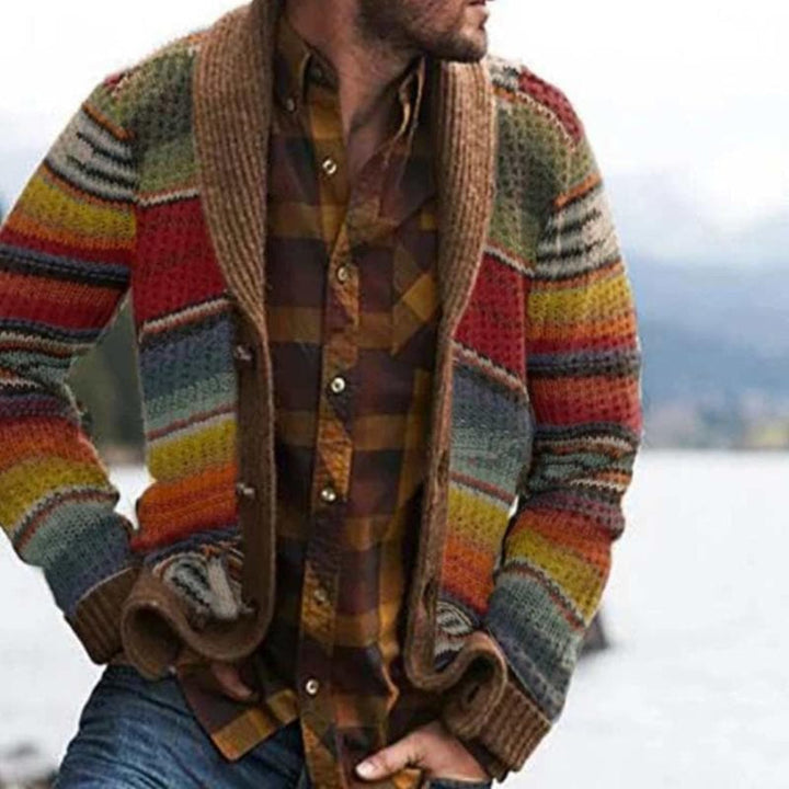 Men's relaxed fit multicolor stripe knit cardigan sweater for casual wear and layering.